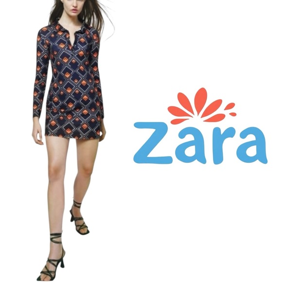 ZARA navy and orange retro mod geo print tunic top mini dress Size Medium - Picture 7 of 10